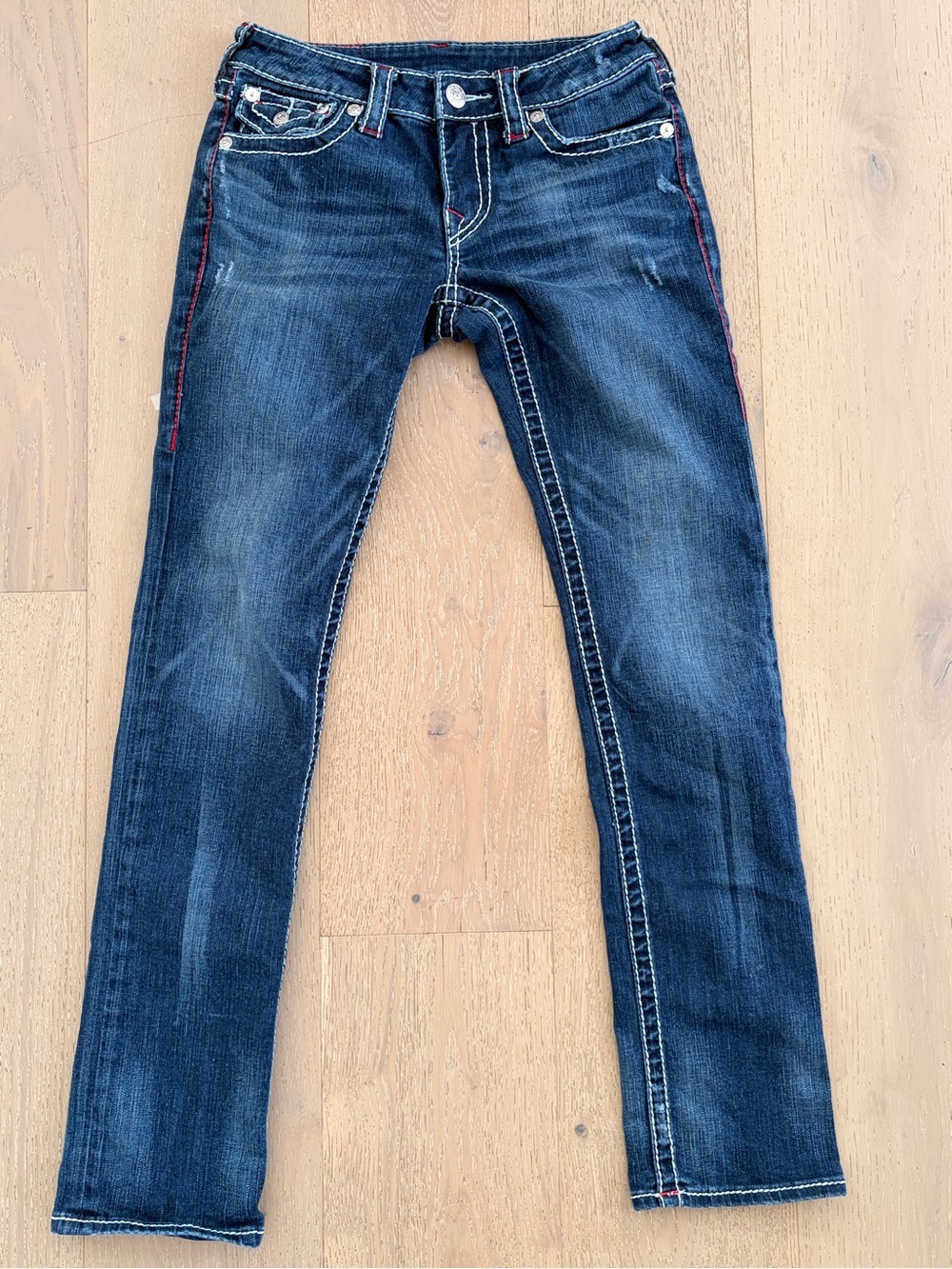 True Religion Y2K Super Low-Rise Straight Leg Jeans with Contrast Stitching